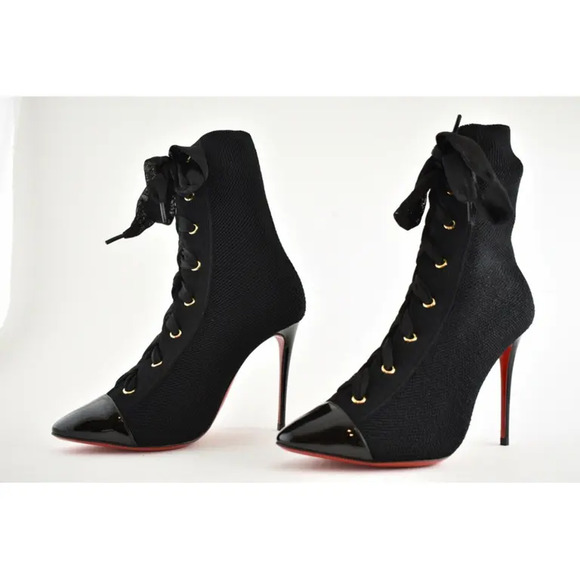 Christian Louboutin Frenchie 100 Black Patent Lace Heel Ankle Boot Bootie 35.5 - Picture 9 of 11